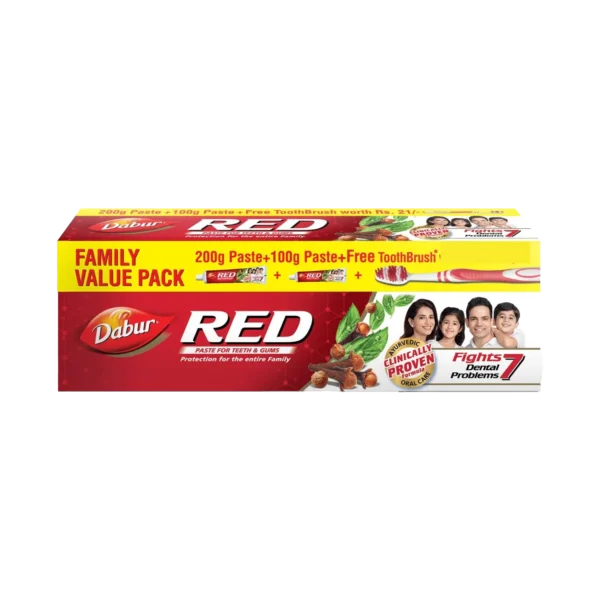 Dabur Red Toothpaste – 300 g (200 g + 100 g) with Free Toothbrush