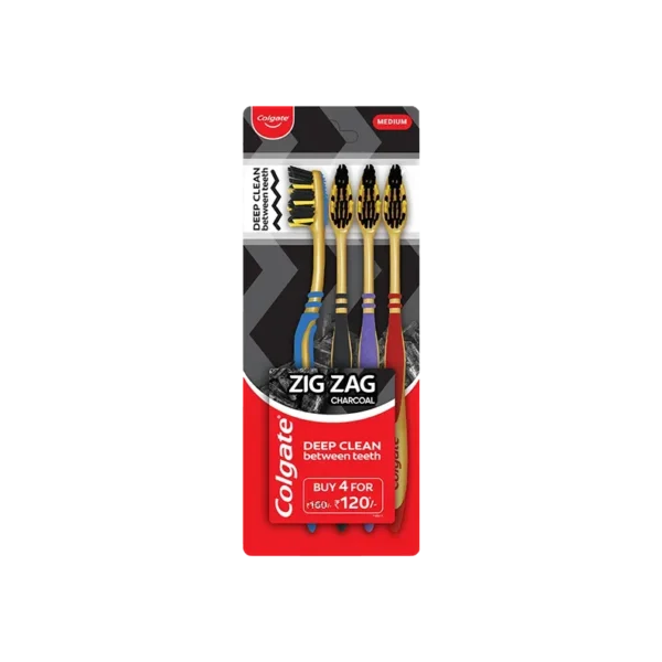 Colgate Zig Zag Charcoal Medium Bristle Toothbrush – Pack of 4